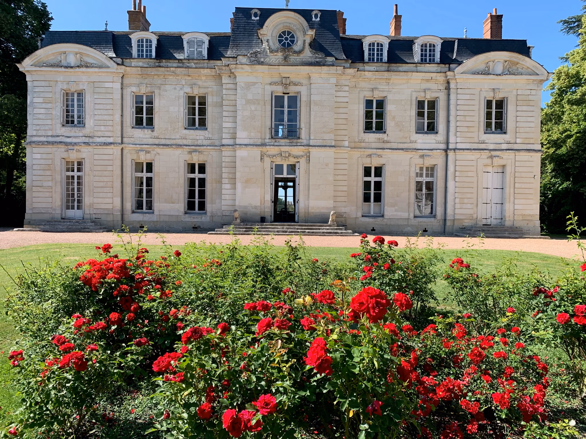 Façade XVIIIe du château vue de face derrière un massif de rosiers rouges en pleine floraison